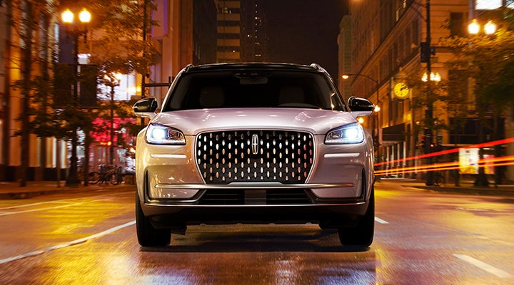 The striking grille of a 2024 Lincoln Corsair® SUV is shown. | Pierre Lincoln in Lynnwood WA